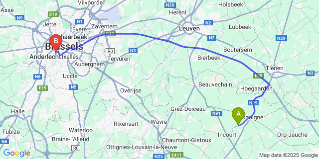 Map: Brussels Midi Train Station to Jodoigne-Souveraine