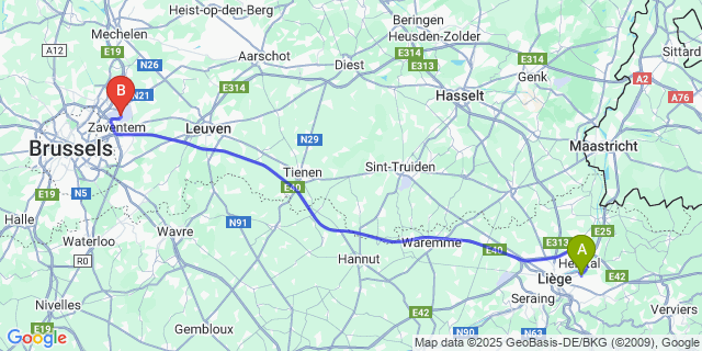 Map: Brussels Zaventem Airport (BRU) to Jupille-Sur-Meuse