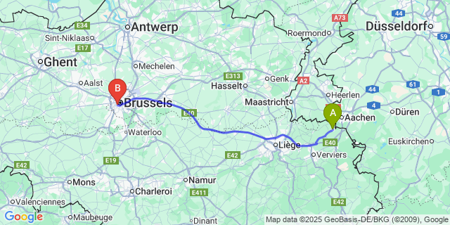 Map: Brussels Midi Train Station to Kelmis