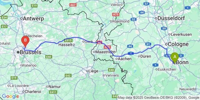 Map: Brussels Zaventem Airport (BRU) to Kessenich
