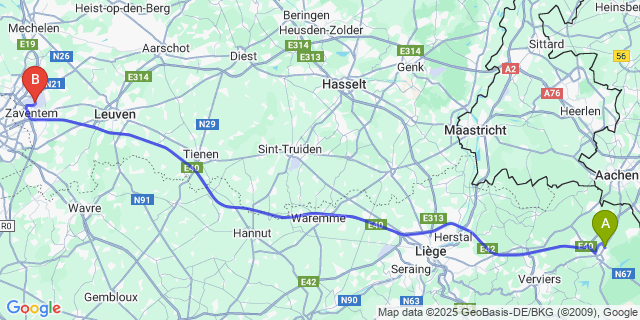 Map: Brussels Zaventem Airport (BRU) to Kettenis