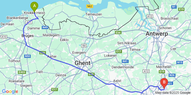 Map: Brussels Zaventem Airport (BRU) to Knokke