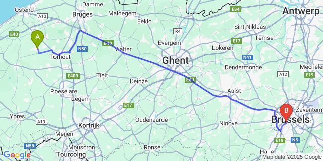 Map: Brussels Midi Train Station to Koekelare