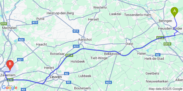 Map: Brussels Zaventem Airport (BRU) to Koersel