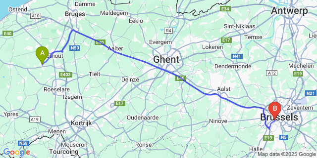 Map: Brussels Midi Train Station to Kortemark