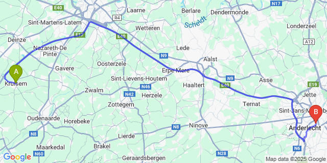 Map: Brussels Midi Train Station to Kruishoutem