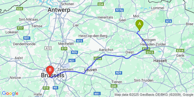 Map: Brussels Midi Train Station to Kwaadmechelen
