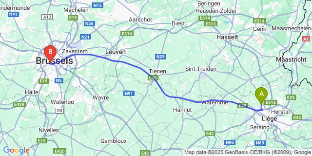 Map: Brussels Midi Train Station to Lantin