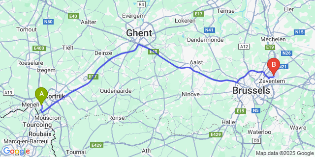 Map: Brussels Zaventem Airport (BRU) to Lauwe