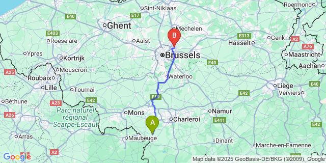 Map: Brussels Zaventem Airport (BRU) to Leers-Et-Fosteau