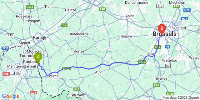 Map: Brussels Midi Train Station to Leers-Nord