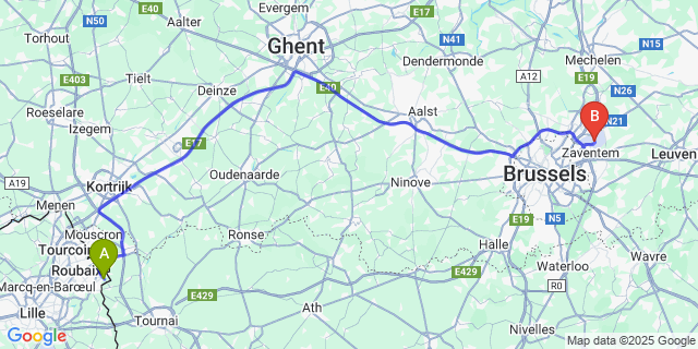 Map: Brussels Zaventem Airport (BRU) to Leers-Nord