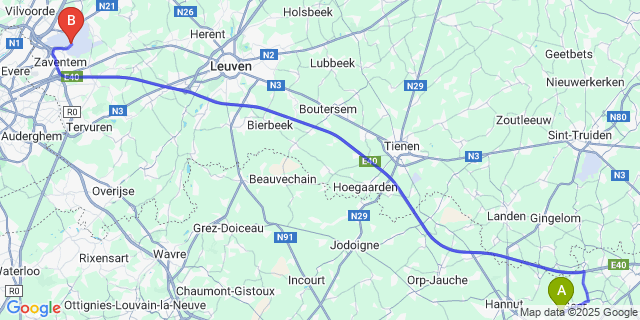 Map: Brussels Zaventem Airport (BRU) to Lens-Saint-Servais