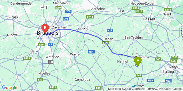 Map: Brussels Midi Train Station to Les Waleffes