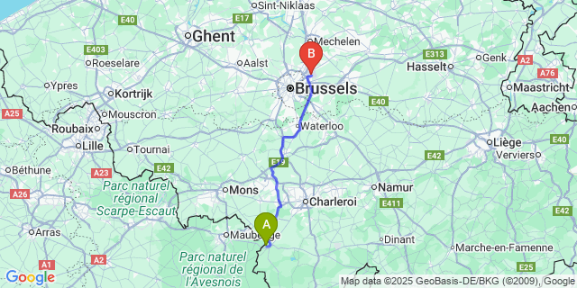 Map: Brussels Zaventem Airport (BRU) to Leval-Chaudeville