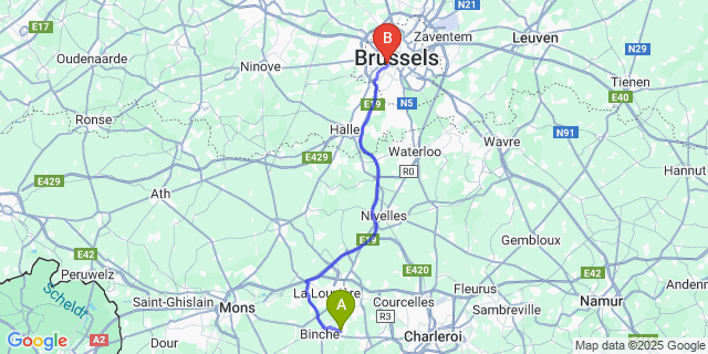 Map: Brussels Midi Train Station to Leval-Trahegnies