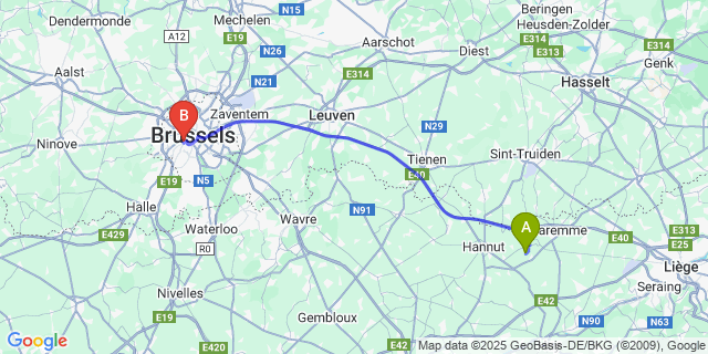 Map: Brussels Midi Train Station to Ligney