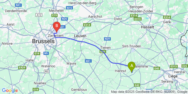 Map: Brussels Zaventem Airport (BRU) to Ligney