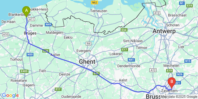 Map: Brussels Zaventem Airport (BRU) to Lissewege