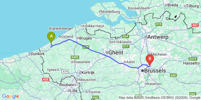 Map: Brussels Zaventem Airport (BRU) to Lombardsijde