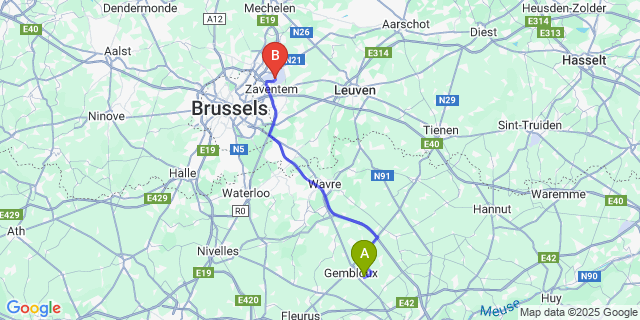 Map: Brussels Zaventem Airport (BRU) to Lonzée