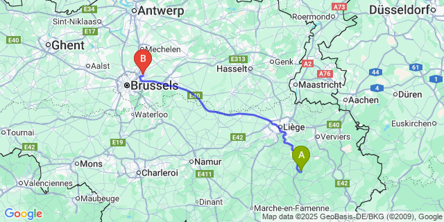 Map: Brussels Zaventem Airport (BRU) to Lorcé
