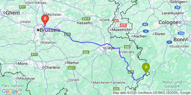 Map: Brussels Zaventem Airport (BRU) to Manderfeld