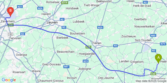 Map: Brussels Zaventem Airport (BRU) to Mechelen-Bovelingen