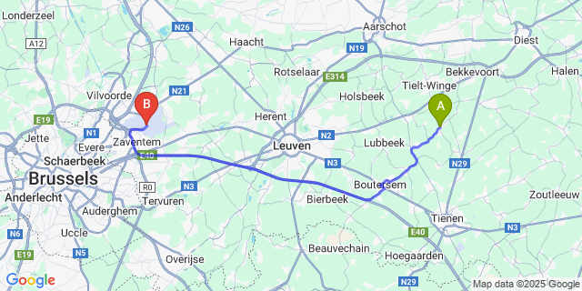 Map: Brussels Zaventem Airport (BRU) to Meensel-Kiezegem