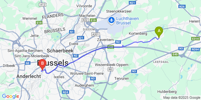 Map: Brussels Midi Train Station to Meerbeek