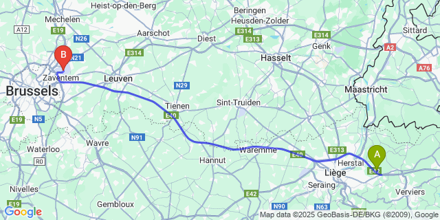 Map: Brussels Zaventem Airport (BRU) to Melen