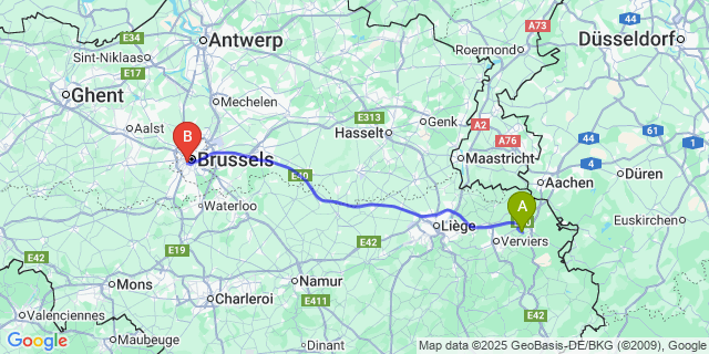Map: Brussels Midi Train Station to Membach