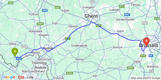 Map: Brussels Midi Train Station to Mesen