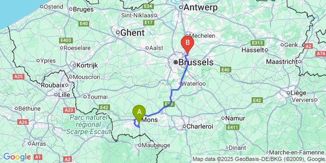 Map: Brussels Zaventem Airport (BRU) to Mesvin