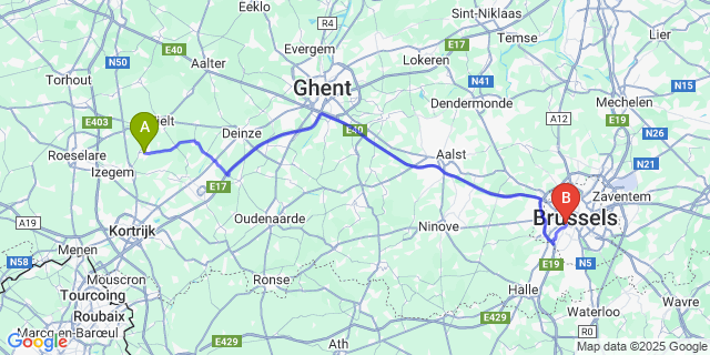 Map: Brussels Midi Train Station to Meulebeke