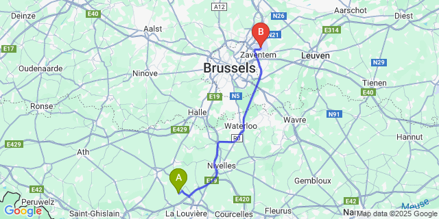 Map: Brussels Zaventem Airport (BRU) to Mignault