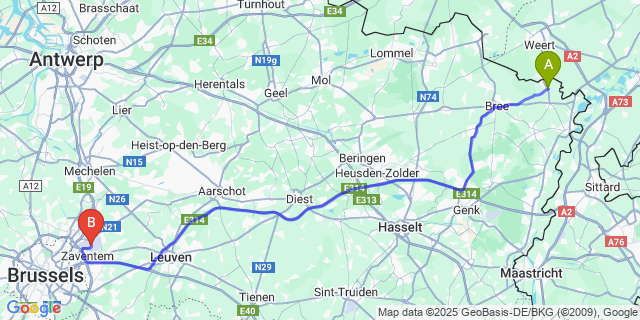 Map: Brussels Zaventem Airport (BRU) to Molenbeersel