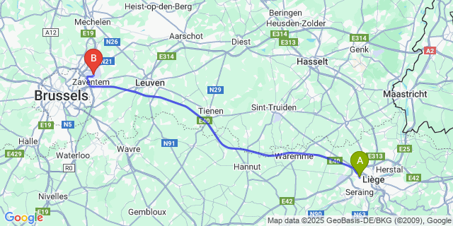 Map: Brussels Zaventem Airport (BRU) to Montegnée