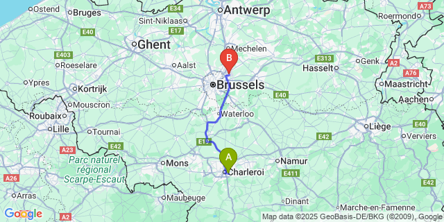 Map: Brussels Zaventem Airport (BRU) to Montignies-Sur-Sambre