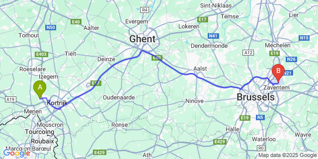 Map: Brussels Zaventem Airport (BRU) to Moorsele