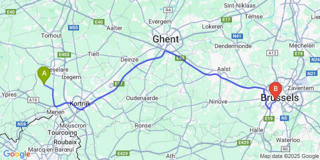 Map: Brussels Midi Train Station to Moorslede