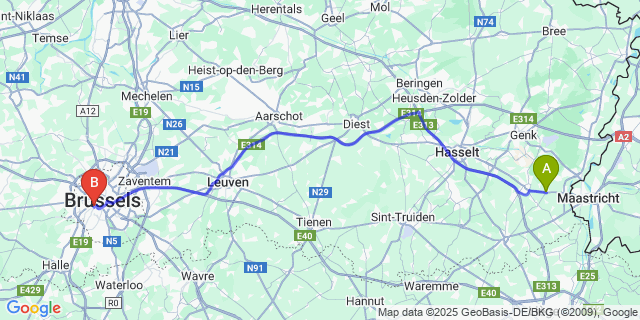 Map: Brussels Midi Train Station to Mopertingen