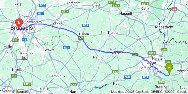Map: Brussels Midi Train Station to Nessonvaux