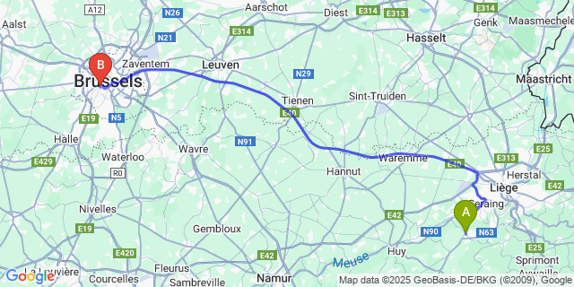 Map: Brussels Midi Train Station to Neuville-En-Condroz