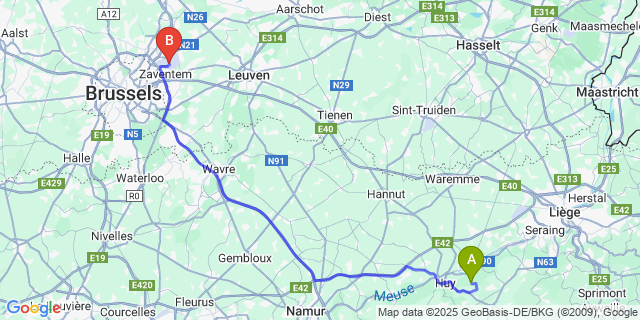 Map: Brussels Zaventem Airport (BRU) to Neuville-Sous-Huy