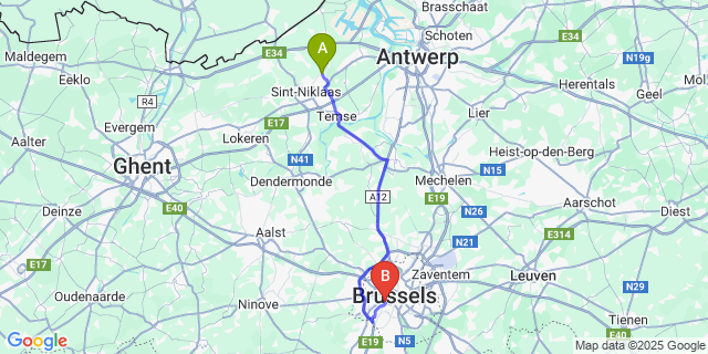 Map: Brussels Midi Train Station to Nieuwkerken-Waas