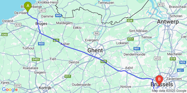 Map: Brussels Midi Train Station to Nieuwmunster