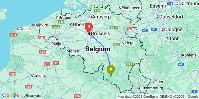 Map: Brussels Midi Train Station to Nollevaux