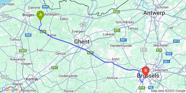 Map: Brussels Midi Train Station to Oedelem