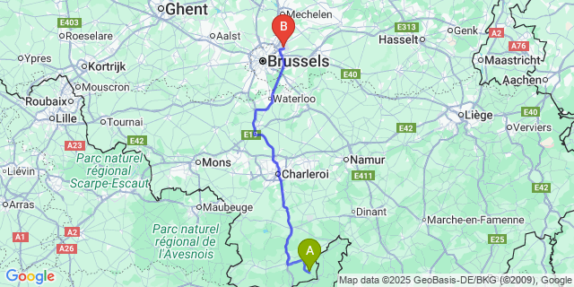 Map: Brussels Zaventem Airport (BRU) to Oignies-En-Thiérache